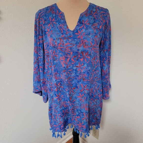 Soft Surroundings Batik Blue and Pink Tunic with Tassels - Picture 2 of 6